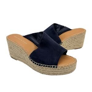Preston & York Crystal Navy Suede Leather Asymmetrical Wedge Espadrille Sandals